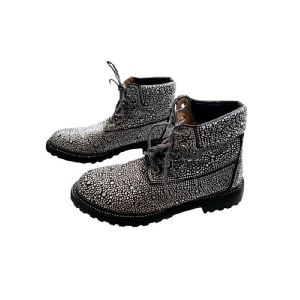 Bella Marie‎ Suede Black Rhinestone Lace Up High-Top Moto Combat Biker Boots